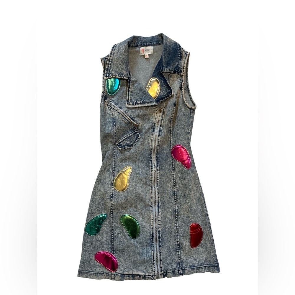 Denim Sleeveless Mini Dress with Colorful Accents